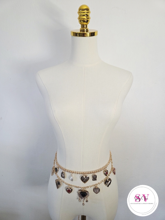 Accessories - Gold Chain Charm Waist Belt with Heart and Gem Charms
